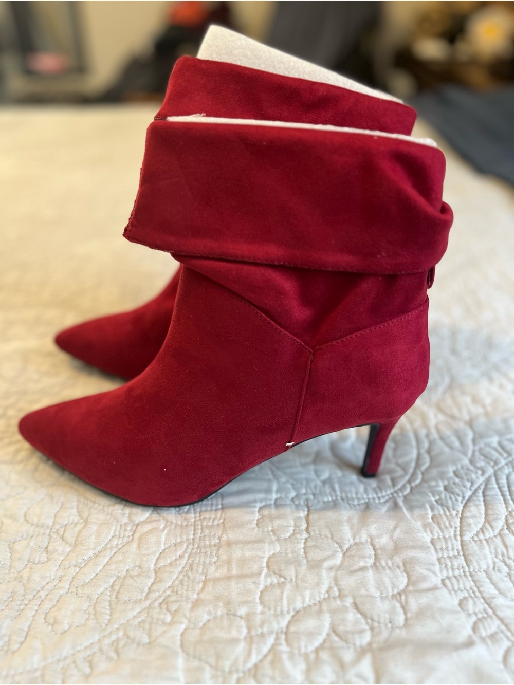 BAMBOO Red Suede Pointed-Toe Folded Cuff Ankle Boots